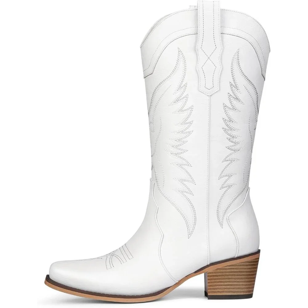 Women's White Cowgirl Boots with Pointed Toe Mid Calf Chunky Heel Snip Toe - Picture 4 of 6